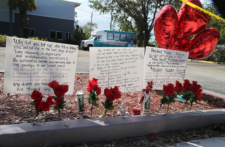 Messages left on the sidewalk of the Rehabilitation Center of Hollywood Hills in Florida following a series of deaths, which were allegedly related to conditions at the center. 