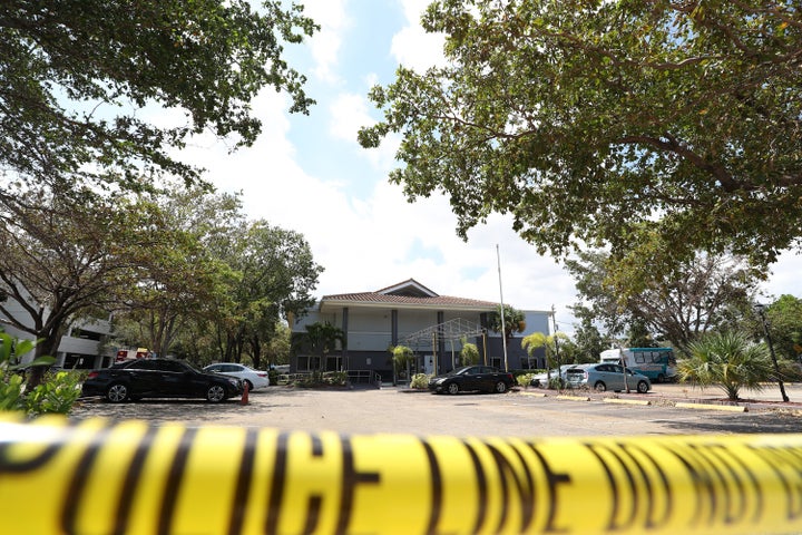 Police tape lining the perimeter of the Rehabilitation Center at Hollywood Hills following a spate of deaths at the center in the wake of Hurricane Irma in 2017. 