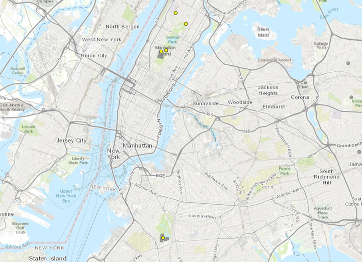 Harmful algal blooms, marked with yellow dots above, have been detected in Manhattan and Brooklyn, according to the New York
