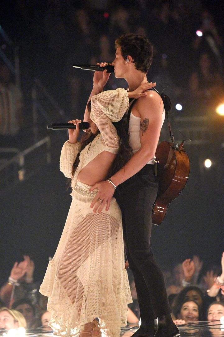 Camila Cabello and Shawn Mendes perform onstage during the 2019 MTV Video Music Awards on Monday.
