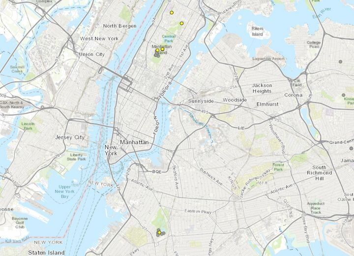 ニューヨーク中心部の地図。地図上の黄色い点で示された場所で、有害藻類ブルームが見つかった。