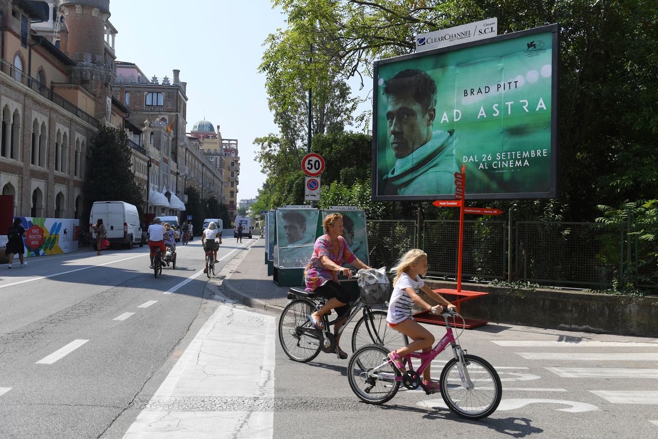 A view of a billboard by the Excelsior hotel at the 76th edition of the Venice Film Festival in Venice, Italy, Tuesday, Aug. 27, 2019. The film festival runs from Aug. 28 until Sep. 7, 2019 and international movie stars Brad Pitt, Meryl Streep and many others will be in attendance. (Photo by Arthur Mola/Invision/AP)