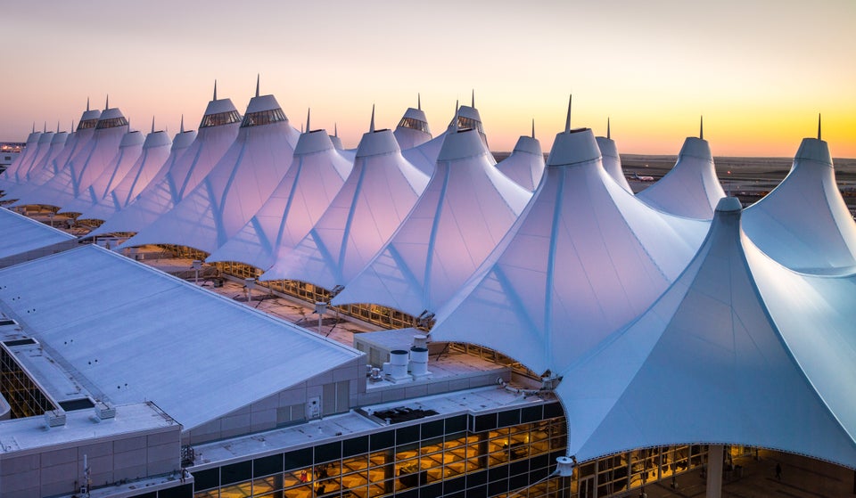DENVER, CO - APRIL 13: The unusual fabric-covered tent (or teepee) construction of the main terminal,...