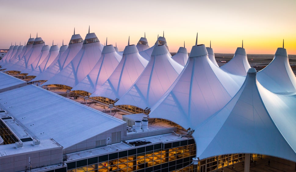 DENVER, CO - APRIL 13: The unusual fabric-covered tent (or teepee) construction of the main terminal, designed to be reflective of the nearby snow-capped Rocky Mountains, is viewed from the Westin Hotel at Denver International Airport on April 13, 2017, in Denver, Colorado. Located 25 miles from downtown, Denver International Airport, a United Airlines hub, has grown to become one the largest airports in the United States. (Photo by George Rose/Getty Images)