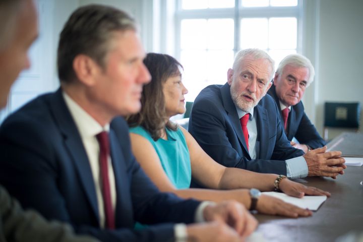 (left to right) Shadow chief whip Nick Brown, shadow Brexit Secretary Sir Kier Starmer, shadow leader of the House of Commons Valerie Vaz, Labour Party leader Jeremy Corbyn and shadow chancellor John McDonnell, prior to meeting with senior MPs from across all parties to discuss stopping a no-deal Brexit.