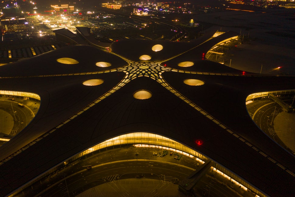 The Beijing Daxing International Airport is illuminated by light projections at night in Beijing, China, 28 June 2019. A lighting test was carried out at night at the new Beijing Daxing International Airport. A project manager said the airport, set to open before the end of September, boasts the world��s most advanced lighting system. (Photo by BJNews - Imaginechina/Sipa USA)