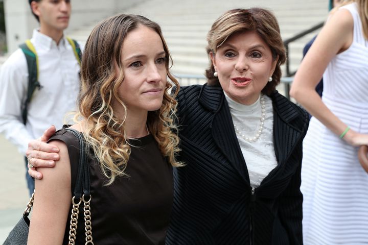 Gloria Allred, representing alleged victims of Jeffrey Epstein, arrives with an unidentified women for a hearing in the criminal case against Jeffrey Epstein.