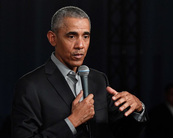 Former U.S. President Barack Obama addresses a townhall talk to discuss, among others, the future of Europe with young people on April 6, 2019 in Berlin.