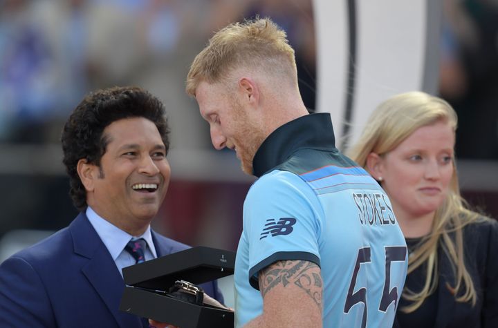 Sachin Tendulkar presents the man of the match award to Ben Stokes after England's victory in the 2019 Cricket World Cup final, at Lord's Cricket Ground in London on July 14, 2019. 