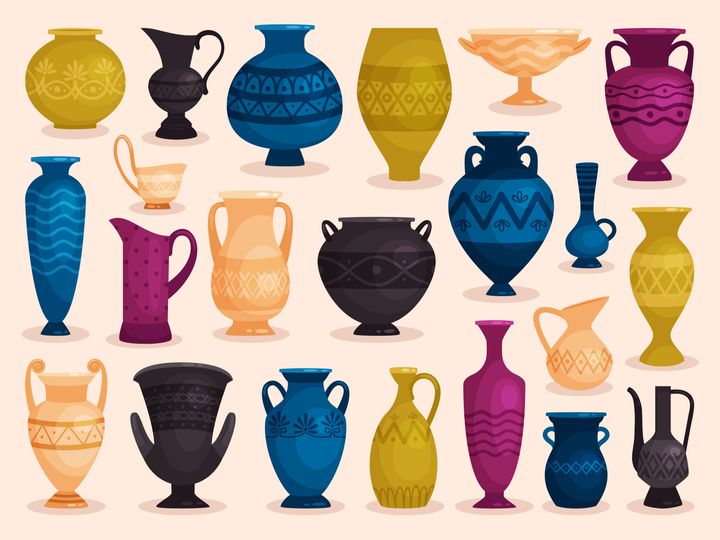 Set of colored antique vases. Vector illustration. Pottery ceramic, pot object crockery