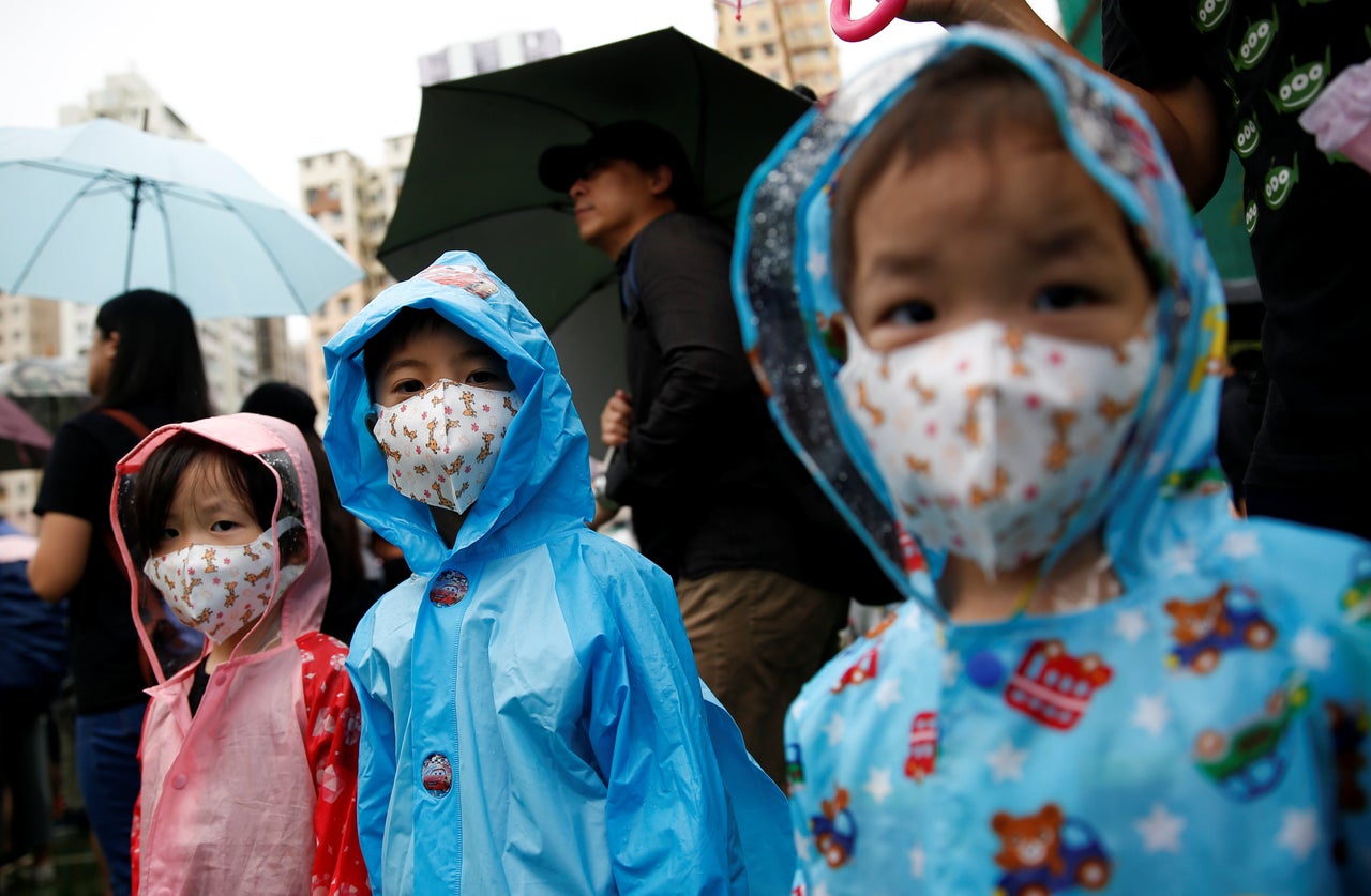 Children are pictured during a protest in Hong Kong, August 25, 2019. 