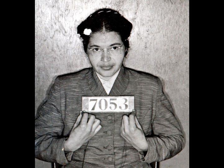 Rosa Parks mugshot from Montgomery Alabama Sheriff's office, B&W photo on black