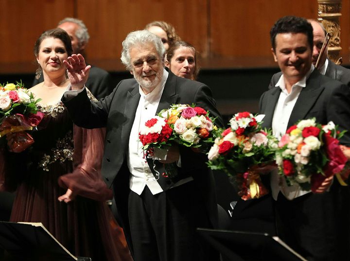 Spanish opera singer Placido Domingo (C), accused of sexual harassment, is seen on stage during the performance of "Luisa Miller" at the Salzburg Festival, on August 25 2019 in Salzburg. (Photo by FRANZ NEUMAYR / APA / AFP) / Austria OUT (Photo credit should read FRANZ NEUMAYR/AFP/Getty Images)