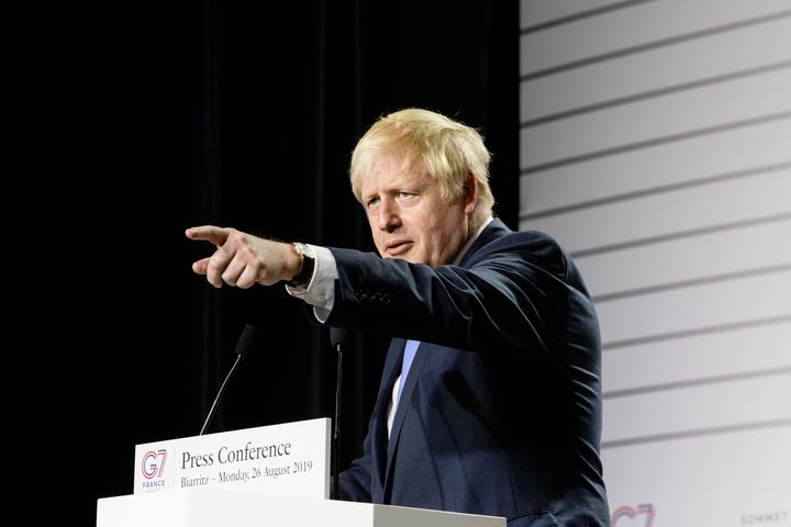 Boris Johnson, Prime Minister of Great Britain, speaks at the closing press conference of the G7 summit on 26 August 2019, in Biarritz, France. The summit took place from 24-26 August in Biarritz. (Photo by Rita Franca/NurPhoto via Getty Images)
