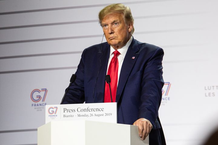 Donald Trump, President of the USA, speaks at the closing press conference of the G7 summit on 26 August 2019, in Biarritz, France. The summit took place from 24-26 August in Biarritz. (Photo by David Speier/NurPhoto via Getty Images)