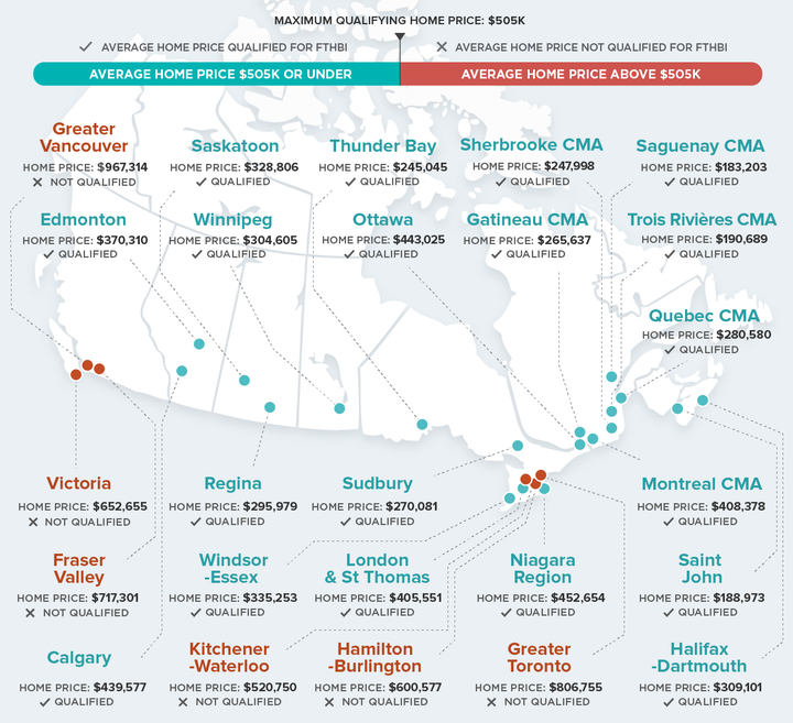 A map laying out in which markets an average home can and can't be purchased under the First-Time Homebuyer Incentive. (Zoocasa)