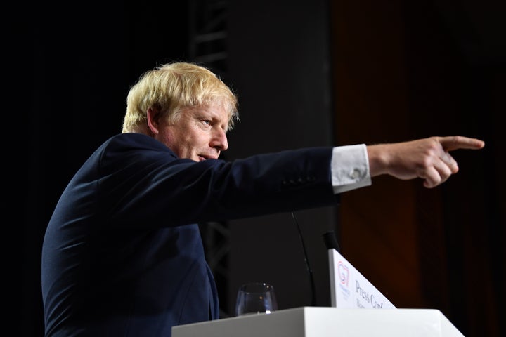 BIARRITZ, FRANCE - AUGUST 24: British Prime Minister Boris Johnson during a press conference in the Bellevue hotel conference room at the conclusion of the G7 summit on August 24, 2019 in Biarritz, France. The French southwestern seaside resort of Biarritz is hosting the 45th G7 summit from August 24 to 26. High on the agenda will be the climate emergency, the US-China trade war, Britain's departure from the EU, and emergency talks on the Amazon wildfire crisis. (Photo by Jeff J Mitchell/Getty Images)