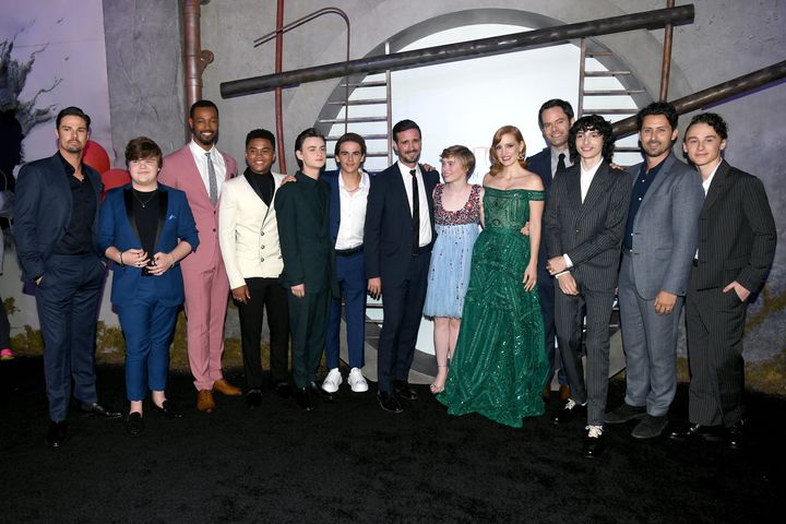 From left: Jay Ryan, Jeremy Ray Taylor, Isaiah Mustafa, Chosen Jacobs, Jaeden Martell, Jack Dylan Grazer, James Ransone, Sophia Lillis, Jessica Chastain, Bill Hader, Finn Wolfhard, Andy Bean, and Wyatt Oleff attend the Premiere of Warner Bros. Pictures' "It Chapter Two" at Regency Village Theatre on Aug. 26 in Westwood, California.