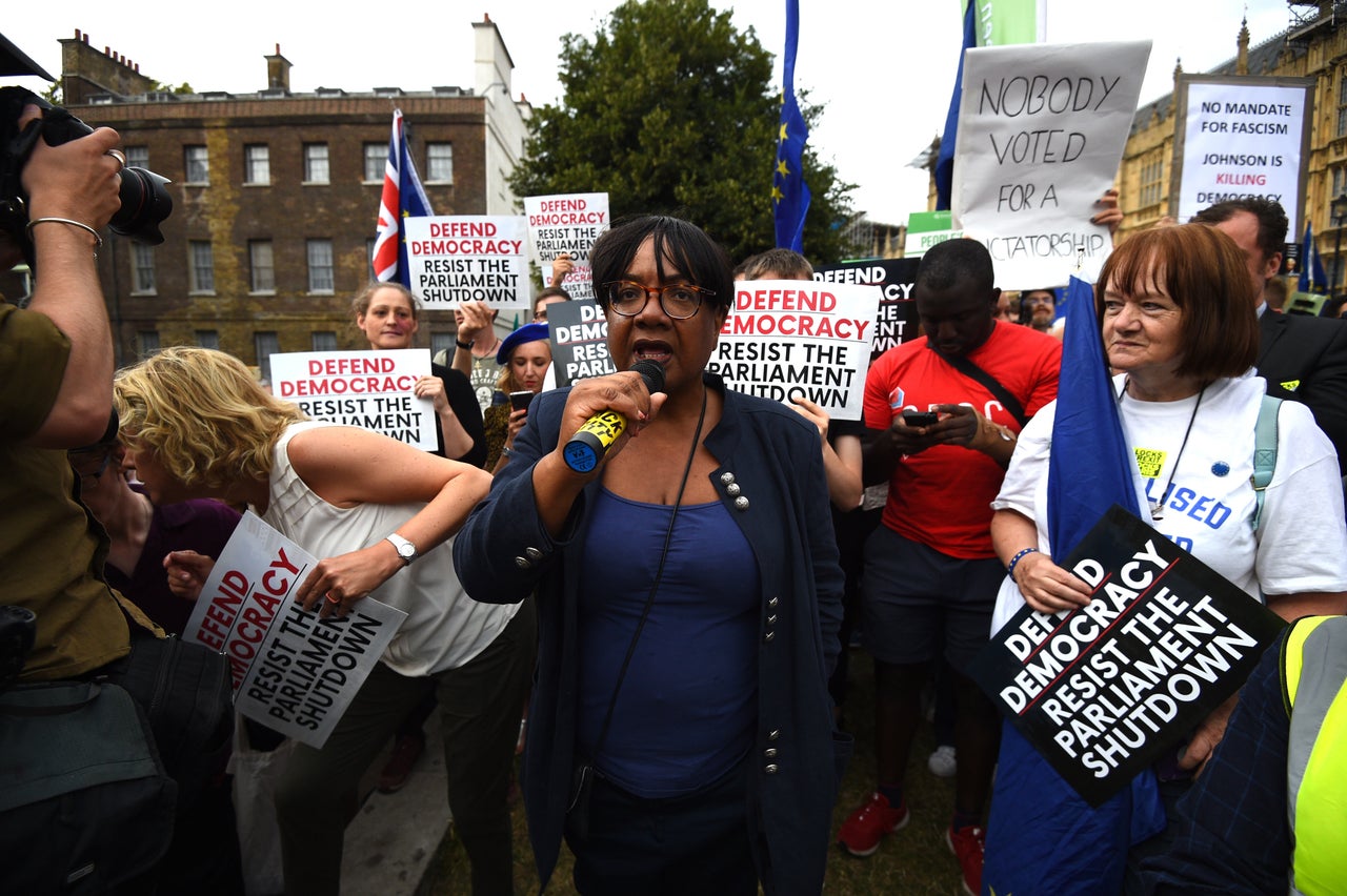 Shadow home secretary Diane Abbott addresses protesters outside the Houses of Parliament, London, to demonstrate against Prime Minister Boris Johnson temporarily closing down the Commons from the second week of September until October 14 when there will be a Queen's Speech to open a new session of Parliament.