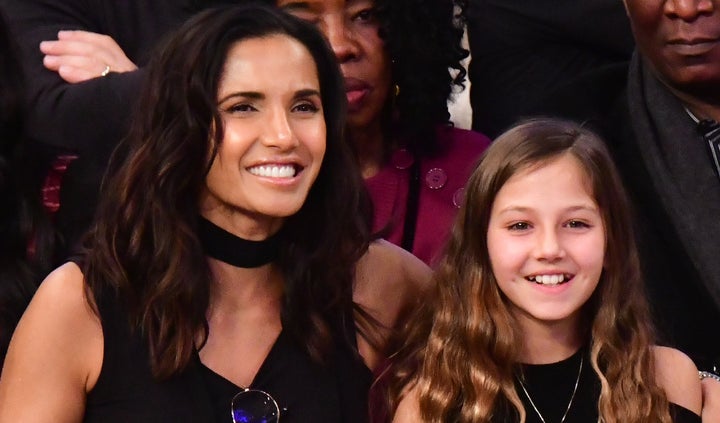 NEW YORK, NY - DECEMBER 08: Padma Lakshmi and Krishna Lakshmi-Dell attend Brooklyn Nets v New York Knicks game at Madison Square Garden on December 8, 2018 in New York City. (Photo by James Devaney/Getty Images)