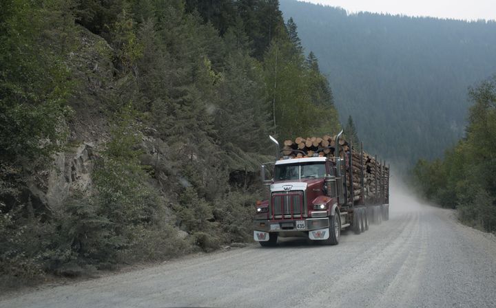 BRITISH COLUMBIA, CANADA - AUGUST 20: A logging truck drives down a rural roadon August 20, 2018 in British Columbia, Canada. (Photo by Andrew Lichtenstein/Corbis via Getty Images)