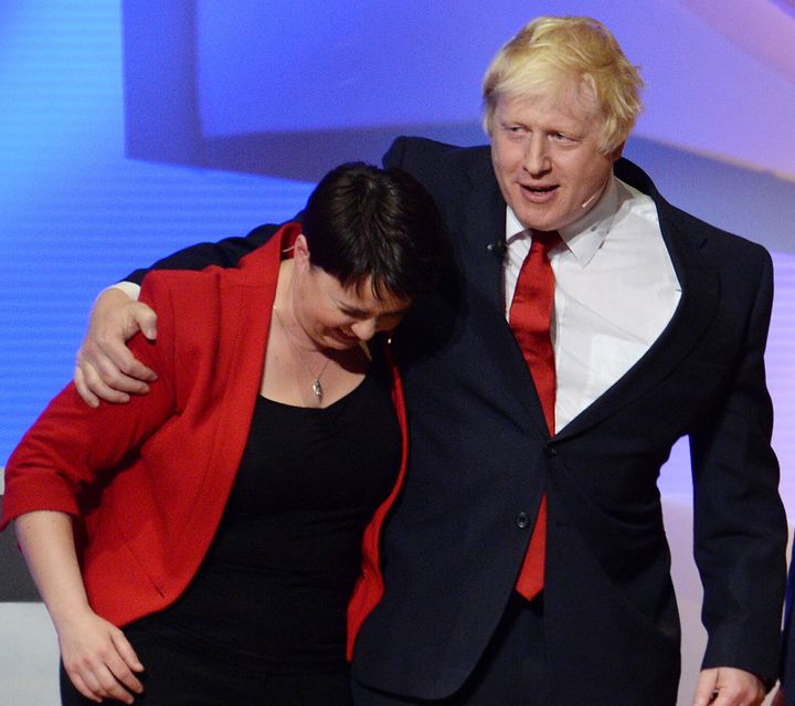 Boris Johnson and Scottish Conservative leader Ruth Davidson embrace after The Great Debate on BBC One, on the EU Referendum.