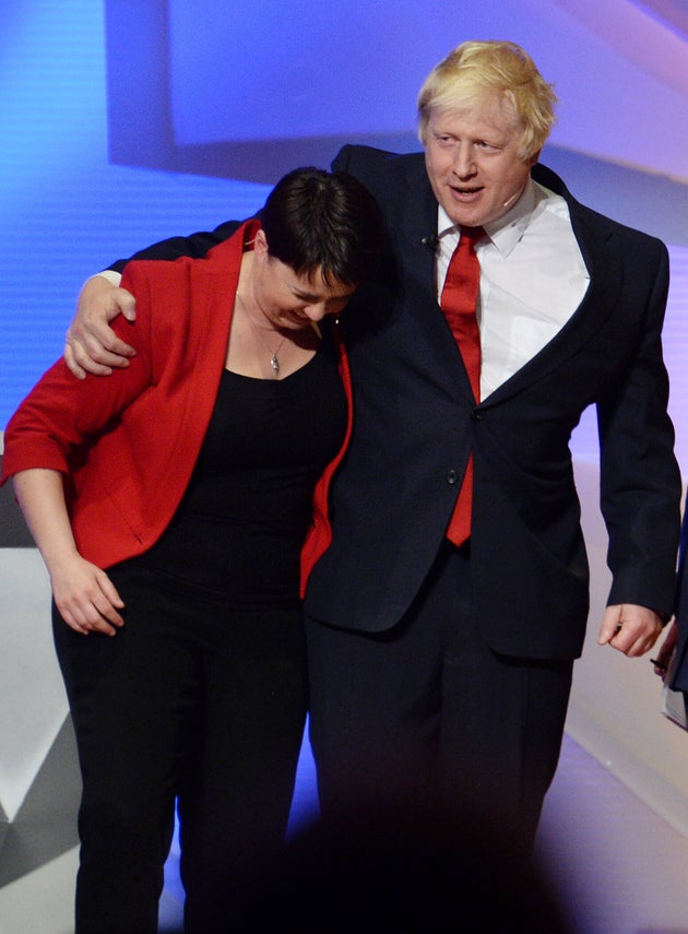 Boris Johnson and Scottish Conservative leader Ruth Davidson embrace after The Great Debate on BBC One, on the EU Referendum.