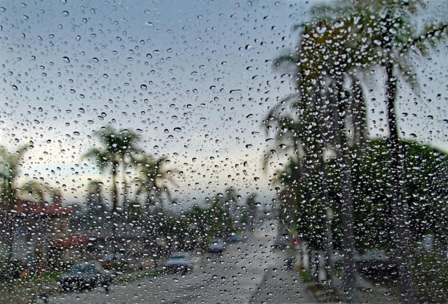 Looking towards the ocean through car windshield on a rainy day