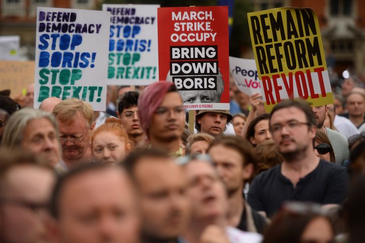 Protestors from Another Europe is Possible outside the Houses of Parliament, London, to demonstrate against Prime Minister Boris Johnson temporarily closing down the Commons from the second week of September until October 14 when there will be a Queen's Speech to open a new session of Parliament.