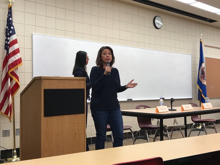 Minnesota Democratic Rep. Angie Craig spoke to a town hall of more than 60 attendees at Lakeville South High School in the suburbs of the Twin Cities. 