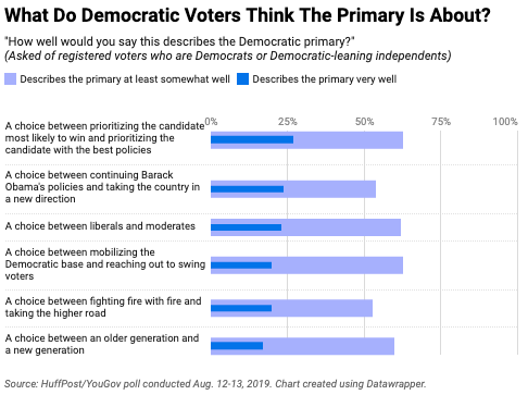 In a new HuffPost/YouGov poll, fewer than a third of Democratic and Democratic-leaning voters described any of these choices as describing the primary election "very well."