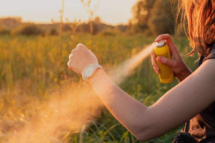 Close-up of young female backpacker tourist applying bug spray on hands