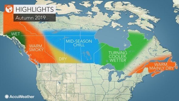 This map shows the fall weather forecast highlights from Accuweather for Canada this year. A wet, humid and warm autumn could be in store for Ontario and Quebec.