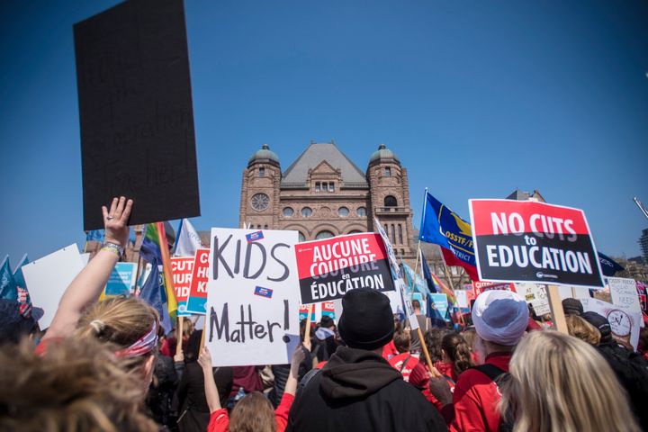 A crowd gathers at Queen's Park to protest the Progressive Conservative government's changes to education in Toronto on April 6, 2019.