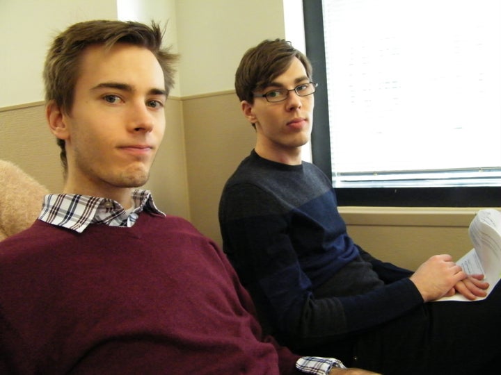 Andrew Devendorf (left) and Matt Devendorf (right) taking a selfie while waiting to be in the audience for "The Steve Harvey Show" in 2016.