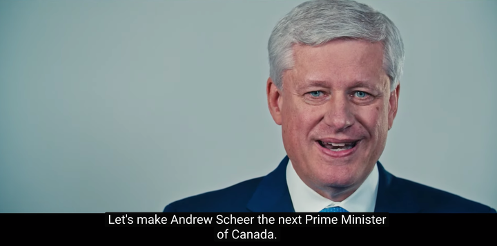 Former prime minister Stephen Harper is shown in a Conservative ad.