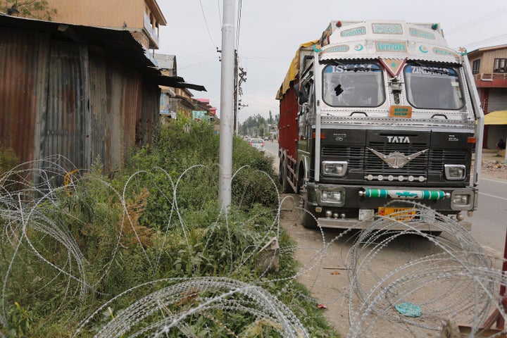 The truck standing outside Bijbehara Police Station.