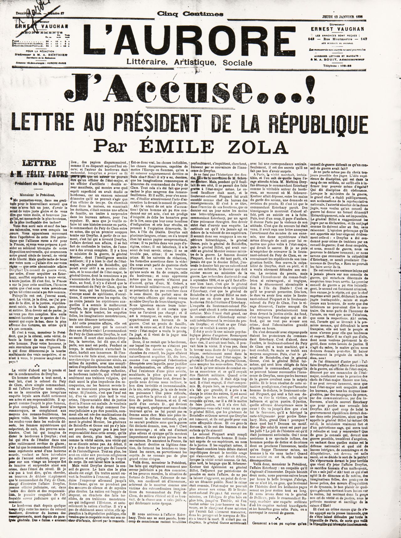 Poster. J'Accuse..!', letter by Emile Zola (1840-1902) to the French President Felix Faure, published in L'Aurore newspaper's front page, January 13rd, 1898. Private Collection. (Photo by: Christophel Fine Art/Universal Images Group via Getty Images)