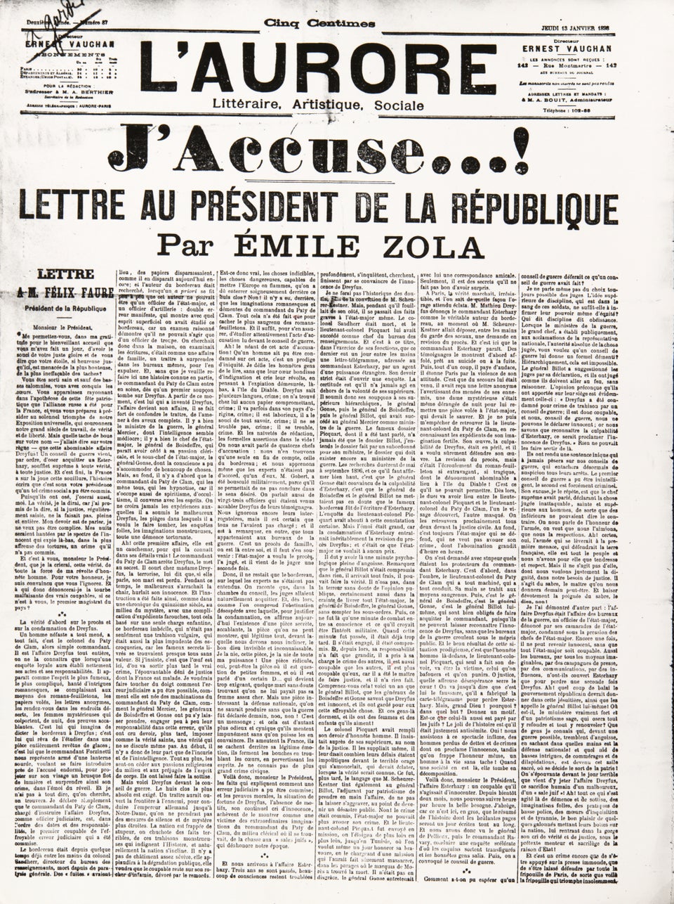 Poster. J'Accuse..!', letter by Emile Zola (1840-1902) to the French President Felix Faure, published in L'Aurore newspaper's front page, January 13rd, 1898. Private Collection. (Photo by: Christophel Fine Art/Universal Images Group via Getty Images)