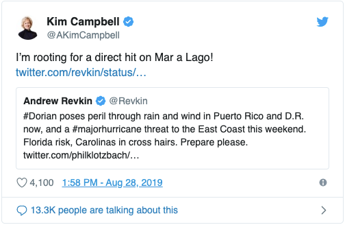 A screenshot of the tweet issued by former prime minister Kim Campbell, which was later deleted.