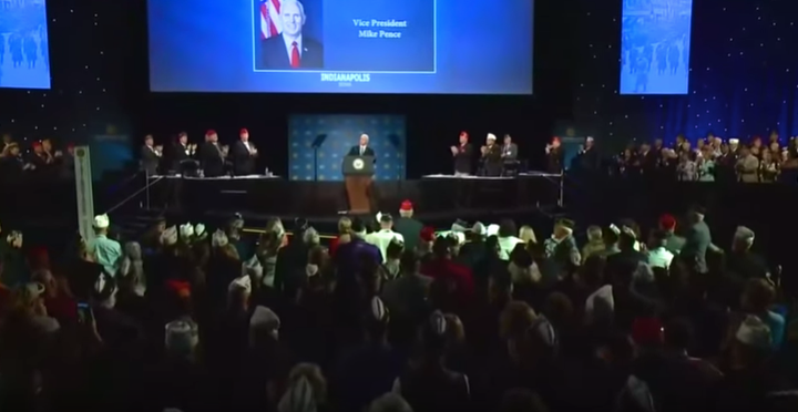 Vice President Mike Pence got a standing ovation at an American Legion convention in Indianapolis after proclaiming, "The Bible stays."
