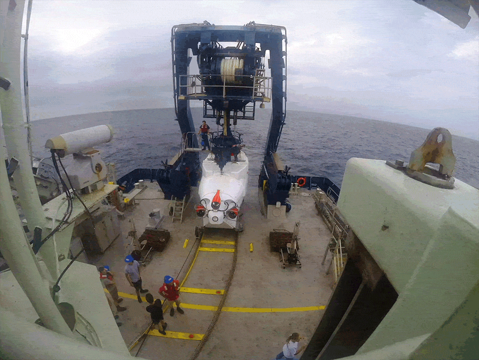 Alvin, a three-person deep-sea submersible, is launched from the research vessel Atlantis.