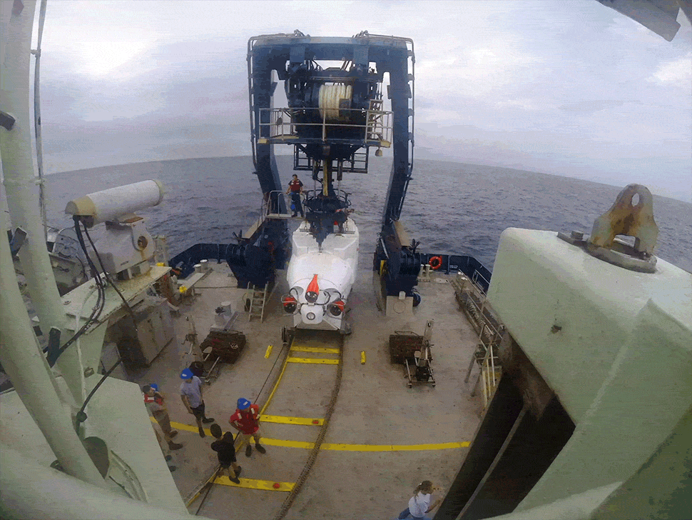 Alvin, a three-person deep-sea submersible, is launched from the research vessel Atlantis. 