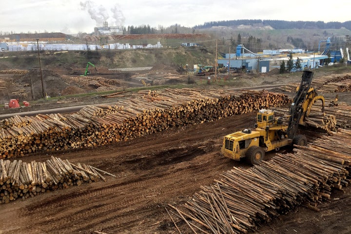 The West Fraser sawmill in Quesnel, B.C. April 26, 2017. The company had stockpiled logs because the forest experienced its annual weeks-long thaw, where the ground was too wet to operate logging machinery.