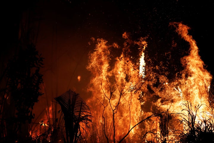 A fire burns a tract of Amazon jungle as it is cleared by loggers and farmers near Altamira, Brazil, August 27, 2019.