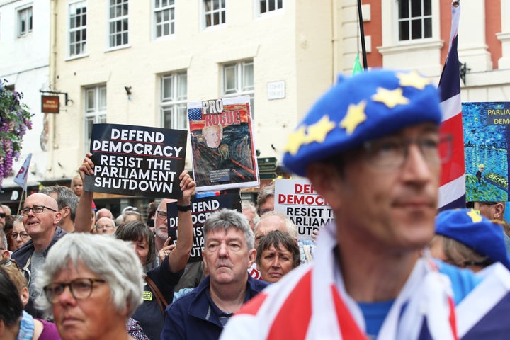 Protesters in York take part in a demonstration against Prime Minister Boris Johnson's decision to suspend Parliament for up to five weeks before a Queen's Speech on October 14. 