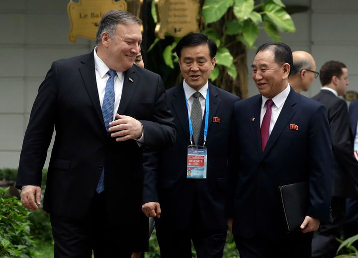 Secretary of State Mike Pompeo, left, walks with Kim Yong Choi, a North Korean senior ruling party official and former intelligence chief, right, as they follow President Donald Trump and North Korean leader Kim Jong Un during a summit in Hanoi, Vietnam, on Feb. 28, 2019.