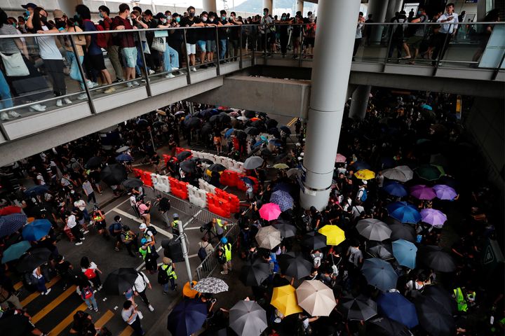 The barriers set up by anti-extradition bill protesters are seen during a protest outside the airport in Hong Kong