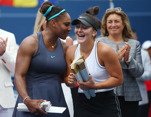 Serena Williams and Bianca Andreescu share a moment at the Rogers Cup in Toronto on Aug. 11,