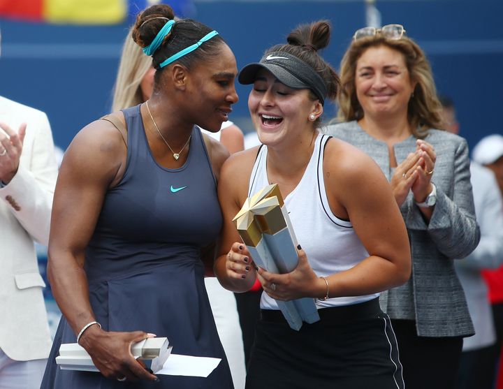 Serena Williams and Bianca Andreescu share a moment at the Rogers Cup in Toronto on Aug. 11, 2019.
